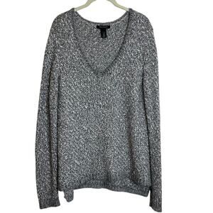 White House Black Market Womens Sweater L Gray Marled Knit V-Neck Pullover